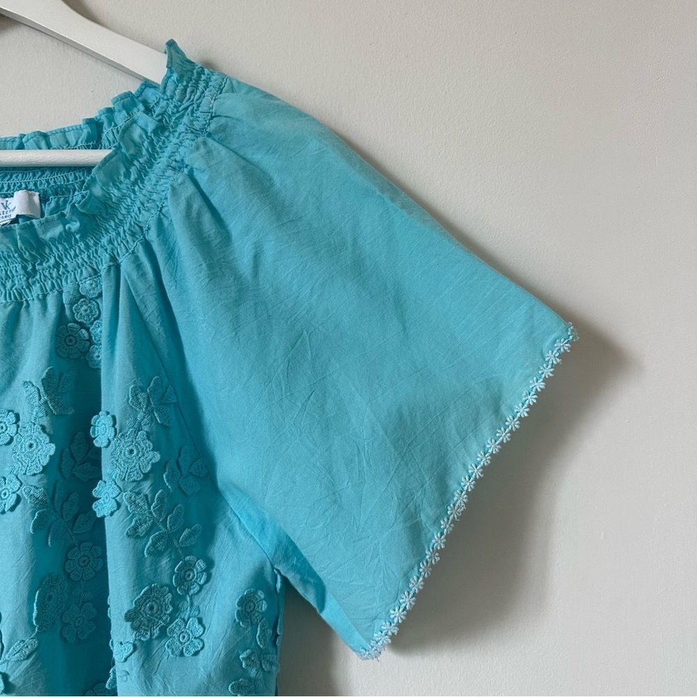 Valerie Khalfon Embroidered Top Turquoise Short Sleeve Floral Size 36 - Picture 5 of 8